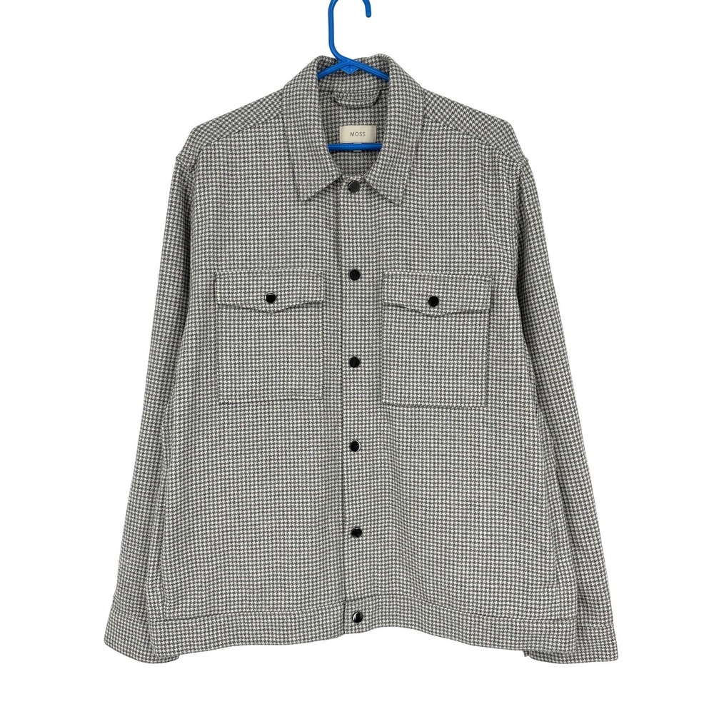 MOSS Bros Men Houndstooth Wool Blend Overshirt Grey White Snap Button Shacket XL
